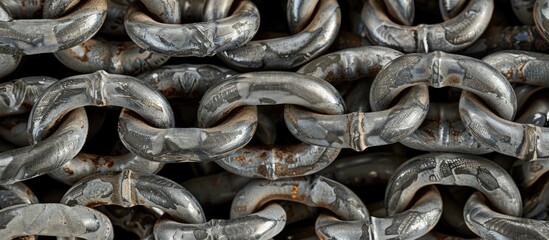 Poster - Steel chain links in various lengths have a random curly appearance in the copy space image