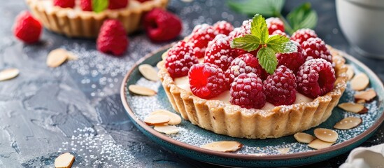 Poster - Raspberry tartlet with vanilla custard almond flakes and copy space image