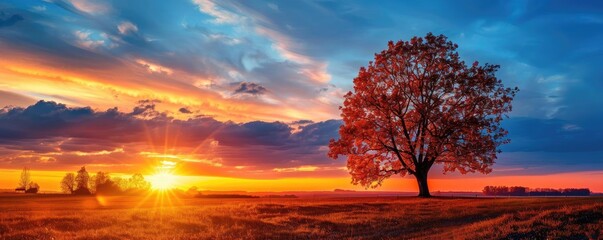 Poster - Vibrant sunset over autumn field with solitary tree, colorful sky, dramatic clouds, and warm sunlight casting long shadows across the landscape.