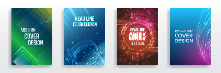 Wall Mural - Set of high-tech covers for marketing. Modern technology design for posters. Futuristic background for flyer, brochure. Scientific cover template for presentation, banner. Page layout set for sci-fi.