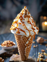 Creamy vanilla ice cream topped with swirls of caramel sauce and crunchy nuts in a waffle cone