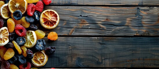 Poster - Top view of assorted dried fruits on a wooden surface with copy space image promoting a healthy lifestyle