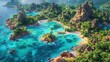 A scenic view of a tropical island with lush greenery, rocky cliffs, and a pristine white sand beach. The turquoise water laps gently against the shore.
