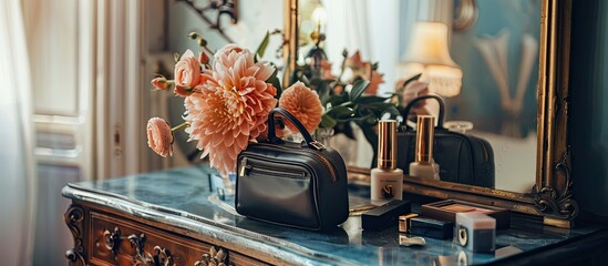 Poster - Dressing table adorned with a makeup bag displaying decorative cosmetics next to a flower creating an aesthetic copy space image