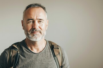 Canvas Print - Portrait of a content man in his 40s sporting a breathable hiking shirt while standing against minimalist or empty room background