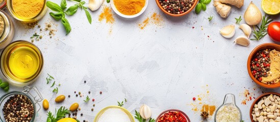Poster - Bird s eye view of various food ingredients surrounded by a blank area suitable for adding a recipe in the copy space image