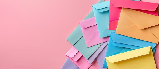 Poster - Composition featuring notebooks envelopes and a color background with ample copy space image