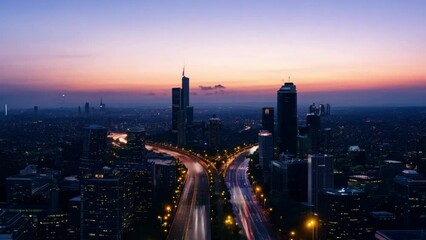 Aufkleber - A panoramic view of a city skyline at sunrise, with a highway winding through the urban landscape. The sky is a vibrant blend of pink and purple, with buildings silhouetted against the light.