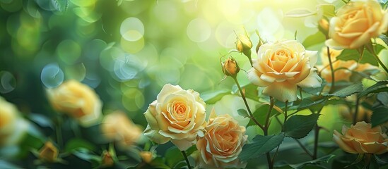 Poster - Bright yellow roses with green leaves Softly blurred green backdrop highlights the flowers Perfect for design with copy space image