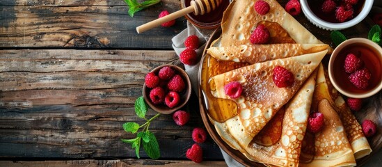 Fototapete - Rural breakfast spread viewed from the top Thin crepes or pancakes with raspberries honey and mint on rustic wood backdrop with room for text ideal for a copy space image