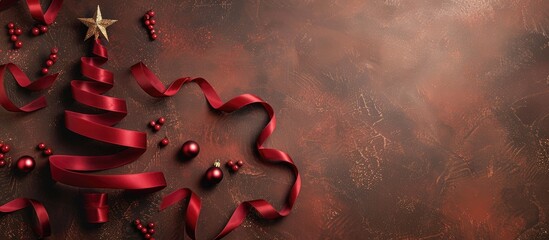 Poster - Craft brown background showcases a lovely Christmas tree crafted from red satin ribbon topped with a star offering room for additional elements in the image