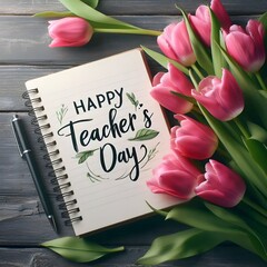 Vibrant pink tulips and a notebook celebrating Teacher’s Day.