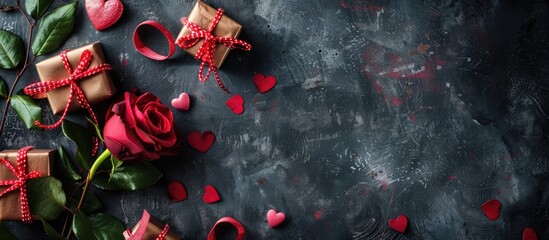Poster - Top view of a Valentine s Day arrangement featuring a rose heart gift boxes ideal for Mother s Day or birthdays with a blank area for writing in the image. with copy space image