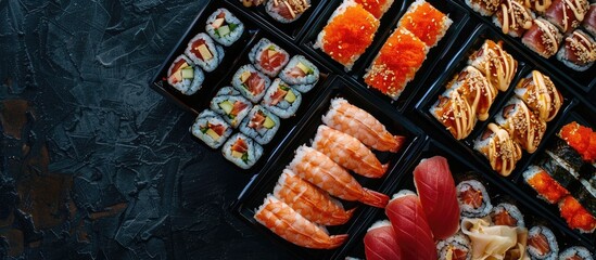 Poster - Capture Japanese food delivery with a selection of rolls and sushi on a black table as a background for your copy space image