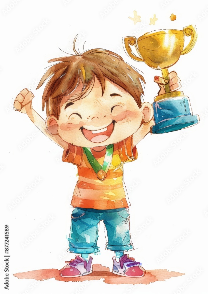 happy boy holding trophy, winner, celebrating success, achievement ...