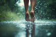 © Alona - A close-up of bare feet walking on a wet surface with water splashes, embodying the carefree and refreshing essence of a barefoot summer