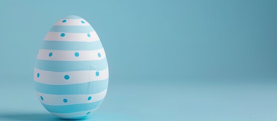 Poster - Minimalistic Happy Easter greeting card featuring a white hen s egg adorned with blue stripes polka dots and lines providing a copy space image ideal for children as a thoughtful gift on a table