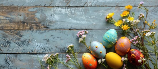 Poster - Happy Easter A charming composition of naturally dyed colorful eggs and spring flowers on a rustic table displayed in a flat lay with copy space image
