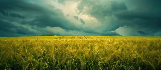 Fototapete - Scenic view featuring a field of lush yellow and green grass under a cloudy sky perfect for a copy space image