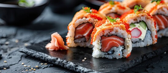 Fototapete - A delicious sushi roll featuring warm breaded salmon eel rice cucumber cream cheese and pepper elegantly displayed on a black stone with copy space image