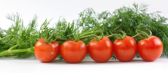 Aufkleber - A refreshing display of green dill and ripe red tomatoes set against a pristine white backdrop creating an ideal copy space image