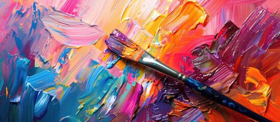 Poster - Applying oil paint from a brush to a palette on an abstract colorful background with copy space image