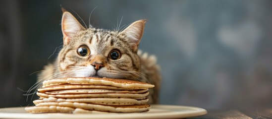 Fototapete - Pancakes showcasing artistic cat images with space for text or logos in the image. with copy space image. Place for adding text or design