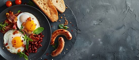 Poster - A classic English breakfast with eggs sausages toast beans herbs and spices on a grey ceramic plate presented on a dark concrete backdrop with copy space image