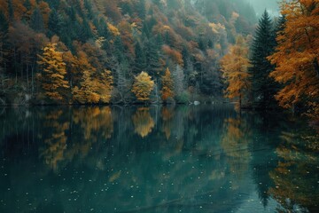 Poster - Tranquil autumn lake with vibrant colored trees reflecting on the water, surrounded by lush forest in a serene natural setting.