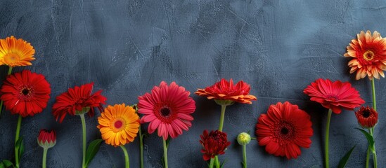 Leinwandbilder - Gerbera flowers arranged in a frame on a grey background with copy space image