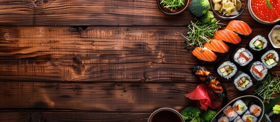 Fototapete - A top down view of sushi presented on a wooden table with ample copy space in the image