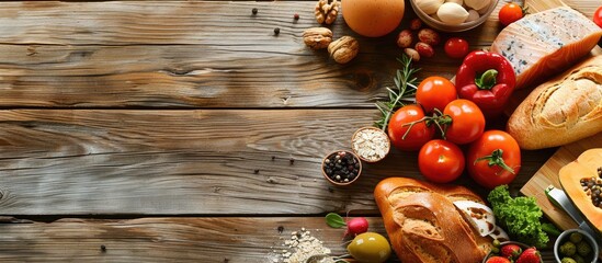 Leinwandbilder - Various nutritious foods displayed with a diet plan on a wooden table providing ample copy space image