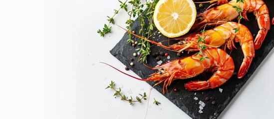 Fototapete - Prawns with lemon and thyme on a black stone board isolated on a white background with copy space image