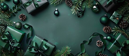 Aufkleber - Top view flat lay Christmas background featuring gift boxes ribbons and decorations in green and black colors Overhead shot with copy space image