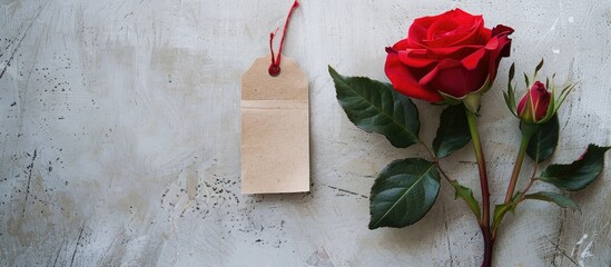 Poster - Rose with a tag on a blank backdrop for text as a copy space image
