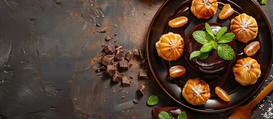 Fototapete - Creamy chocolate cake with profiterole and candied oranges seen from above A classic dessert with a traditional twist offering a blank space for additions in the image. with copy space image