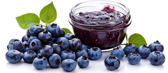 Aufkleber - Fresh ripe blueberries accompanied by a jar of delicious blueberry jam on a white background with copy space image