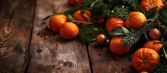 Wall Mural - Tasty festive tangerines on a tree branch on a wooden background ideal for a copy space image