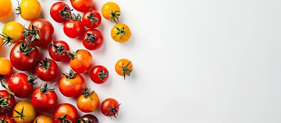Poster - Fresh farm tomatoes in red yellow and other hues displayed in a top view flat lay on a white background with ample copy space image
