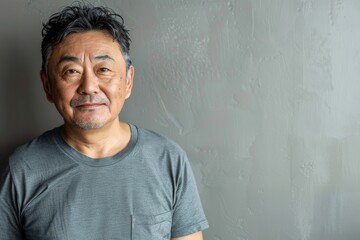 Canvas Print - Portrait of a blissful asian man in his 60s dressed in a casual t-shirt while standing against minimalist or empty room background