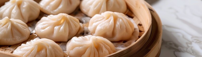 Wall Mural - delicious steamed dumplings in bamboo steamer closeup - asian cuisine food photography.