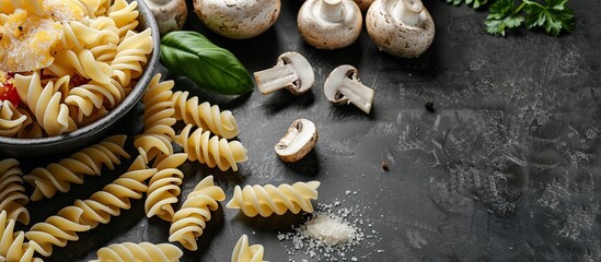 Aufkleber - Close up of delectable pasta and mushrooms displayed on a black table with copy space image
