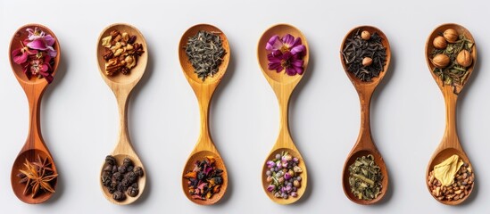Aufkleber - Various dry tea varieties including green black floral herbal and more displayed in wooden spoons against a plain background for a food themed flat lay with copy space image