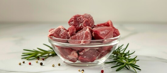 Poster - Glass bowl with fresh raw meat on a white backdrop perfect for copy space image