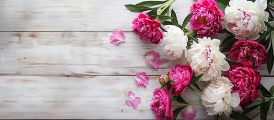 Poster - White wooden background with copy space image featuring peonies