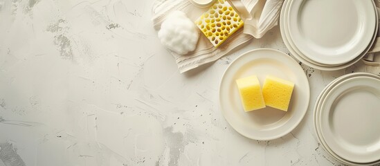 Poster - Top down view of a kitchen layout featuring plates sponges and dish soap on a clean white surface with room for text in the image known as a copy space image