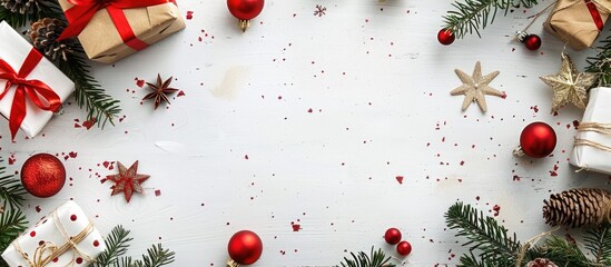 Fototapete - Flat lay top view of a Christmas composition with ample copy space image