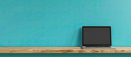 Aufkleber - Laptop on a wooden table against a turquoise office wall displaying a blank screen for business mockup with a copy space image