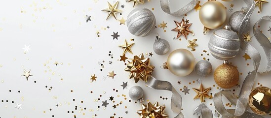 Aufkleber - Festive background with shiny gold and silver ribbons Christmas toys and copy space image on a white surface
