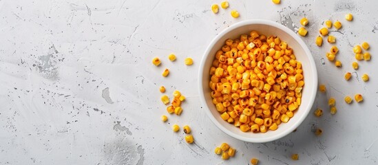 Poster - top view of yellow roasted sweetcorn in a white bowl seen from above with space available for additi